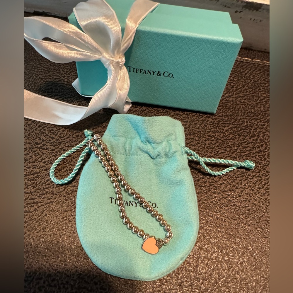 Tiffany and co beaded silver pink heart bracelet